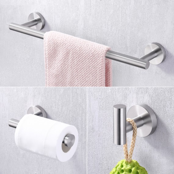 Bathroom Accessories Set 3-Pieces Towel Bar Toilet Paper Holder Coat Hook SUS 304 Stainless Steel Wall Mounted Brushed Finish, LA202-32